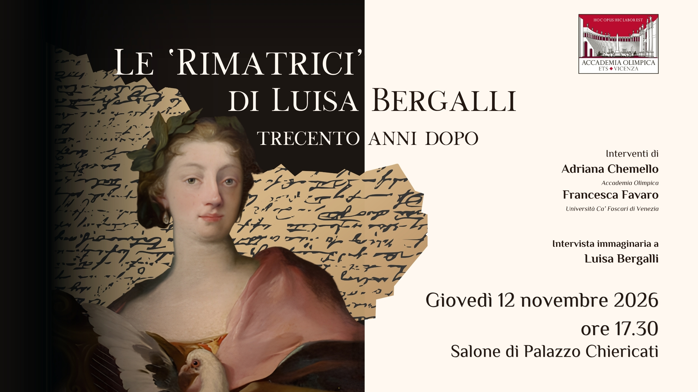 Banner evento Le Rimatrici di Luisa Bergalli (ritratto di Luisa Bergalli in pubblico dominio)